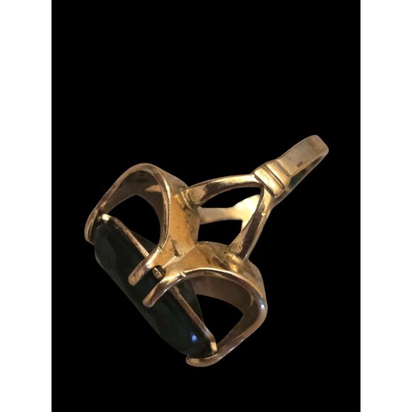 Vintage 18K Gold Electroplated Ring  Large Emerald Cut Green Glass Statement - Picture 8 of 11